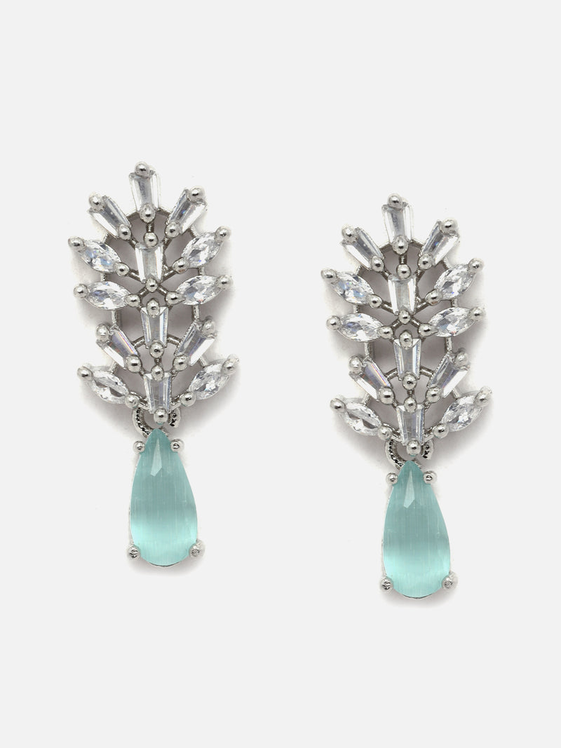 Rhodium-Plated Silver Toned Teardrop Sea Green American Diamond Studded Necklace Earrings Jewellery Set