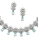 Rhodium-Plated Silver Toned Teardrop Sea Green American Diamond Studded Necklace Earrings Jewellery Set