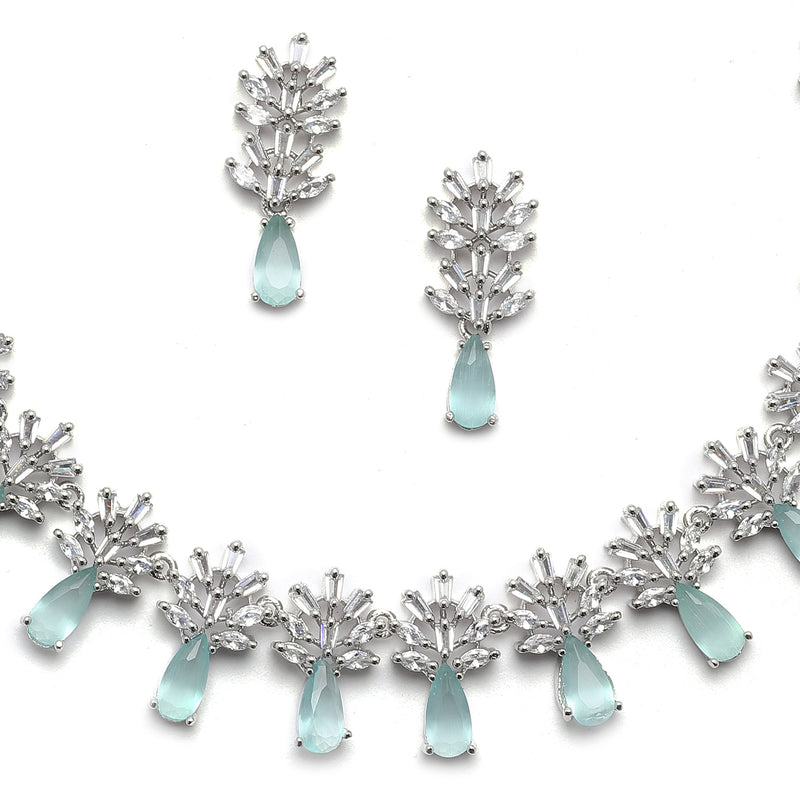 Rhodium-Plated Silver Toned Teardrop Sea Green American Diamond Studded Necklace Earrings Jewellery Set