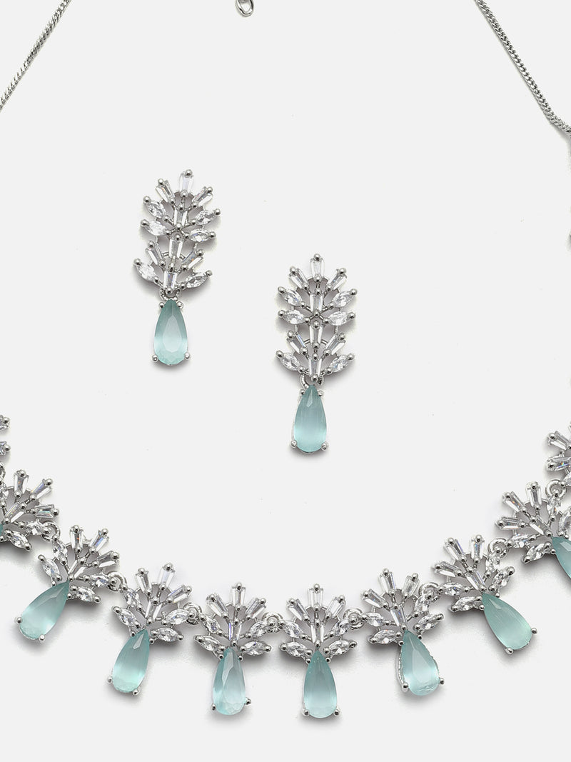 Rhodium-Plated Silver Toned Teardrop Sea Green American Diamond Studded Necklace Earrings Jewellery Set