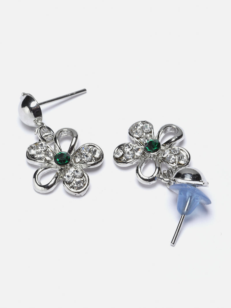 Rhodium-Plated Green American Diamonds Studded Floweret Necklace & Earrings Jewellery Set