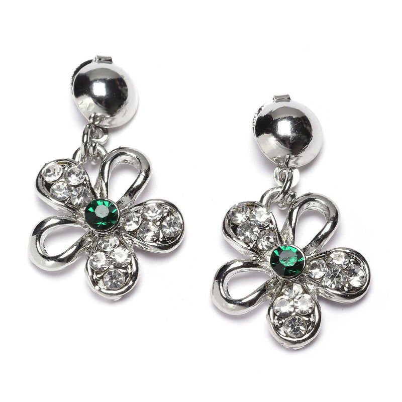 Rhodium-Plated Green American Diamonds Studded Floweret Necklace & Earrings Jewellery Set