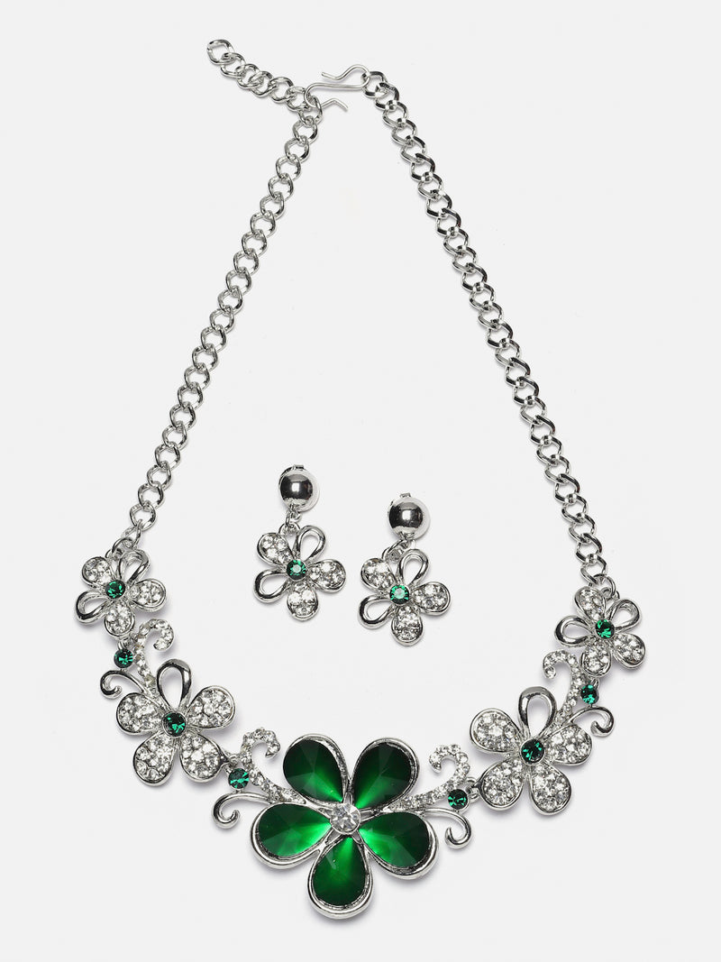 Rhodium-Plated Green American Diamonds Studded Floweret Necklace & Earrings Jewellery Set