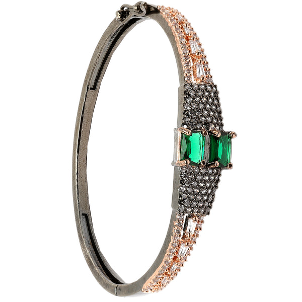 Rose Gold-Plated Black Toned Square Shaped Green American Diamond Studded Bracelet
