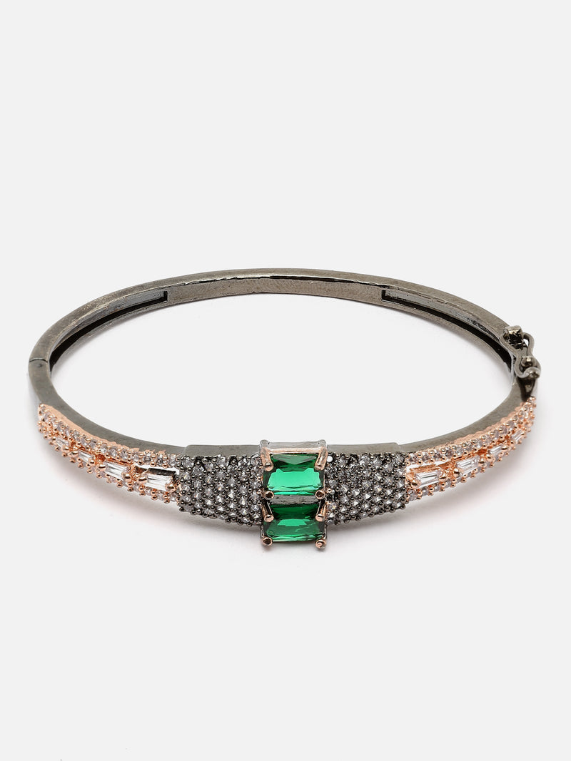 Rose Gold-Plated Gunmetal Toned Green Square Shape American Diamond Studded Kada Bracelet