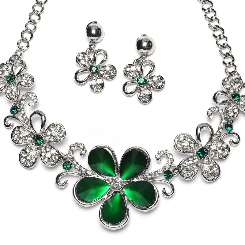 Rhodium-Plated Green American Diamonds Studded Floweret Necklace & Earrings Jewellery Set