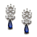 Rhodium-Plated Silver Toned Teardrop Navy Blue American Diamond Studded Necklace Earrings Jewellery Set