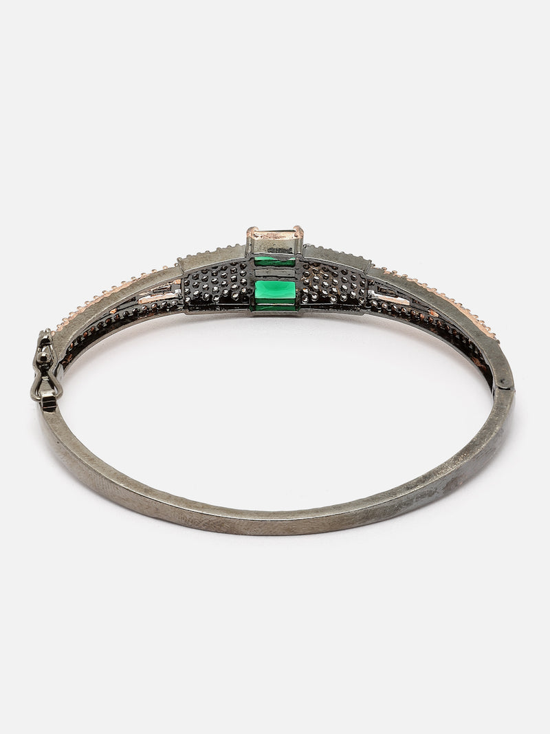 Rose Gold-Plated Gunmetal Toned Green Square Shape American Diamond Studded Kada Bracelet