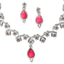 Silver-Plated Pink Cubic Zirconia Studded Teardrop Shaped Necklace with Earrings Jewellery Set