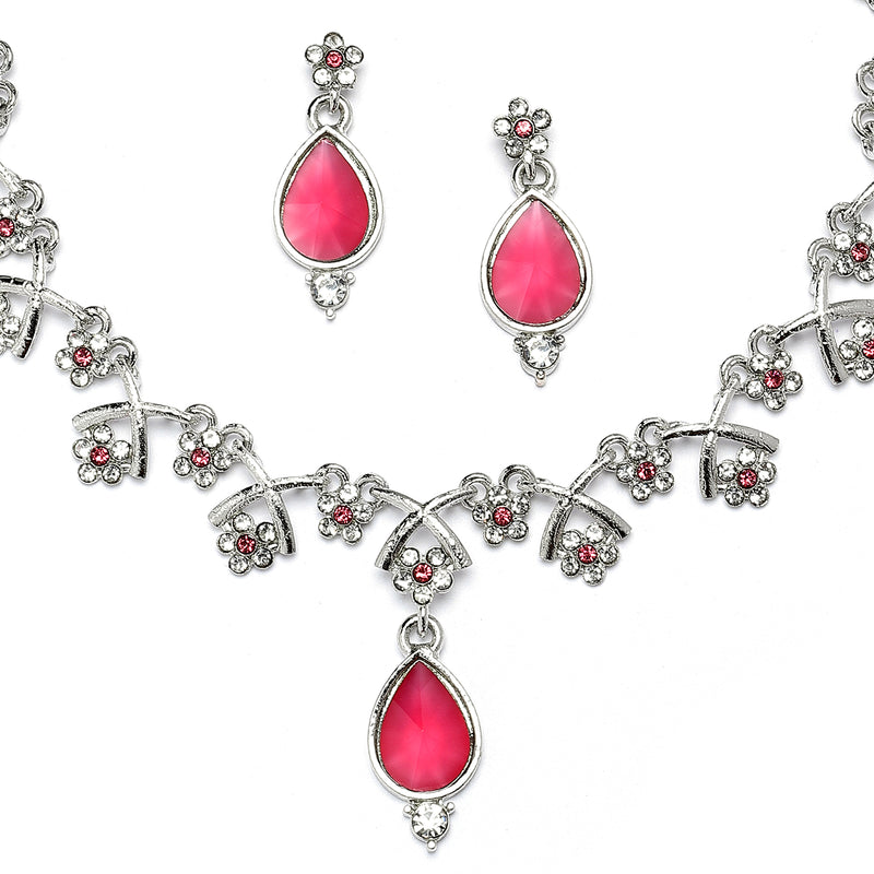 Silver-Plated Pink Cubic Zirconia Studded Teardrop Shaped Necklace with Earrings Jewellery Set