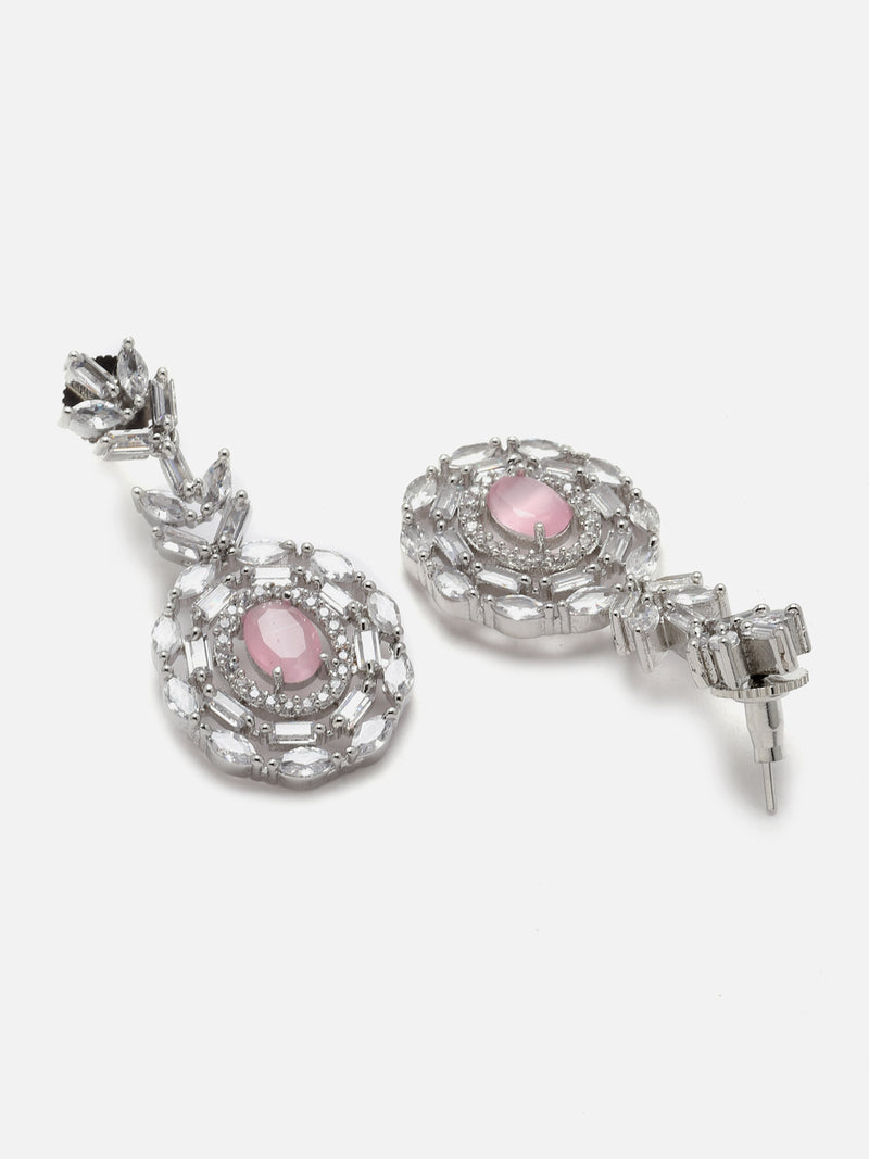 Rhodium-Plated Silver Toned Square Pink American Diamond Studded Necklace with Earring Jewellery Set