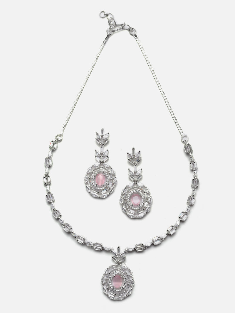 Rhodium-Plated Silver Toned Square Pink American Diamond Studded Necklace with Earring Jewellery Set