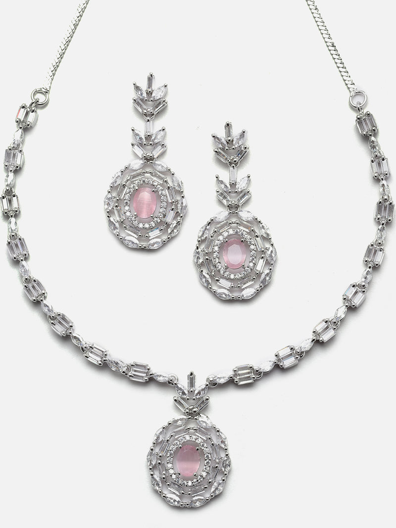 Rhodium-Plated Silver Toned Square Pink American Diamond Studded Necklace with Earring Jewellery Set