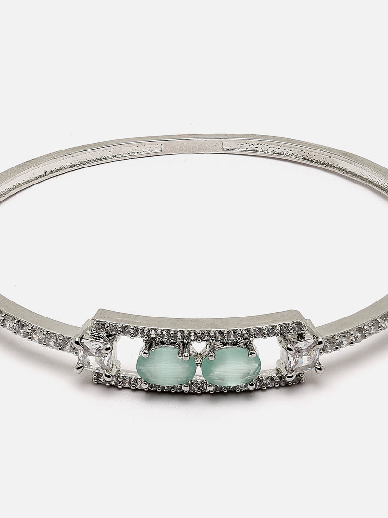 Rhodium-Plated Silver Toned Sea Green American Diamond Studded Kada Bracelet