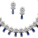 Rhodium-Plated Silver Toned Teardrop Navy Blue American Diamond Studded Necklace Earrings Jewellery Set