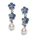 Rhodium-Plated Navy Blue American Diamond & White Pearl Studded Floral Necklace & Earrings Jewellery Set