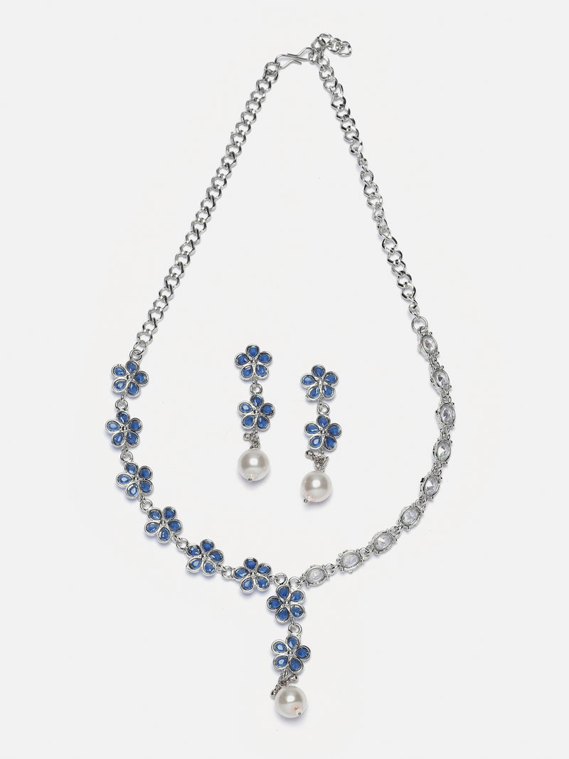 Rhodium-Plated Navy Blue American Diamond & White Pearl Studded Floral Necklace & Earrings Jewellery Set