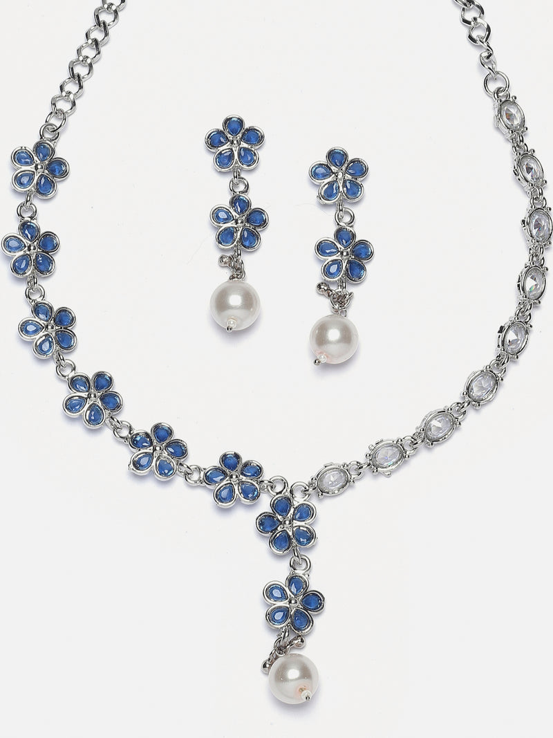 Rhodium-Plated Navy Blue American Diamond & White Pearl Studded Floral Necklace & Earrings Jewellery Set