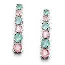 Rhodium-Plated Silver Toned Round Pink & Sea Green American Diamond Studded Necklace Earrings Jewellery Set