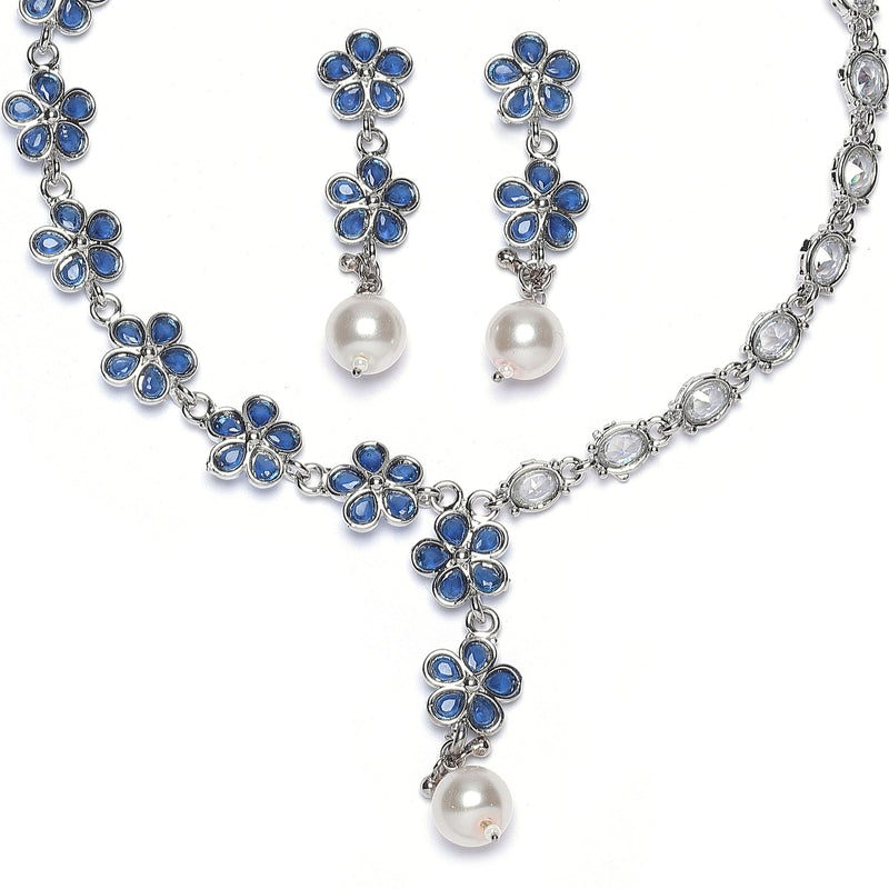 Rhodium-Plated Navy Blue American Diamond & White Pearl Studded Floral Necklace & Earrings Jewellery Set