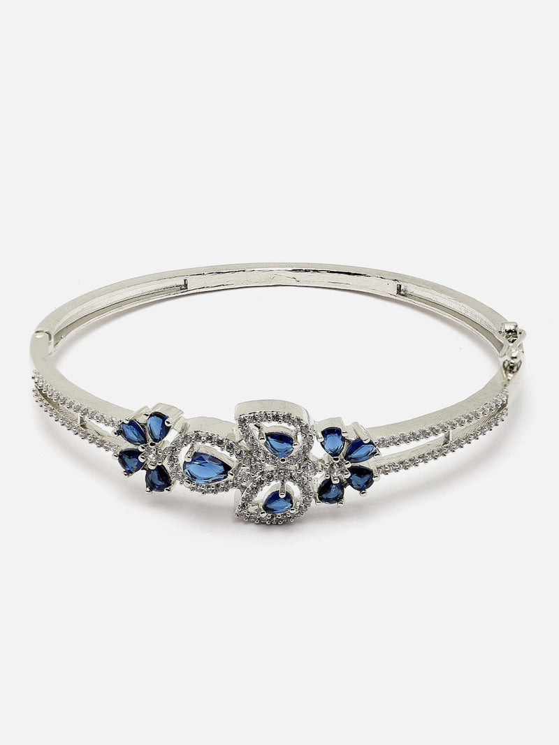 Rhodium-Plated Navy Blue American Diamond Studded Leaf Shaped Kada Bracelet