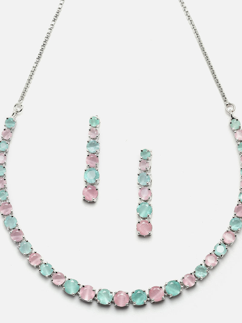 Rhodium-Plated Silver Toned Round Pink & Sea Green American Diamond Studded Necklace Earrings Jewellery Set