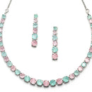 Rhodium-Plated Silver Toned Round Pink & Sea Green American Diamond Studded Necklace Earrings Jewellery Set