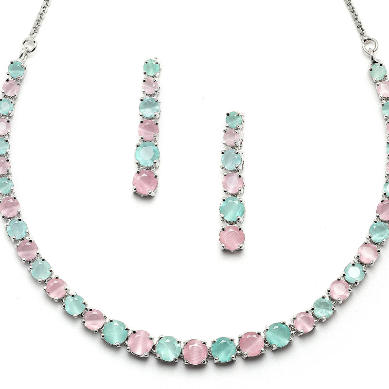 Rhodium-Plated Silver Toned Round Pink & Sea Green American Diamond Studded Necklace Earrings Jewellery Set