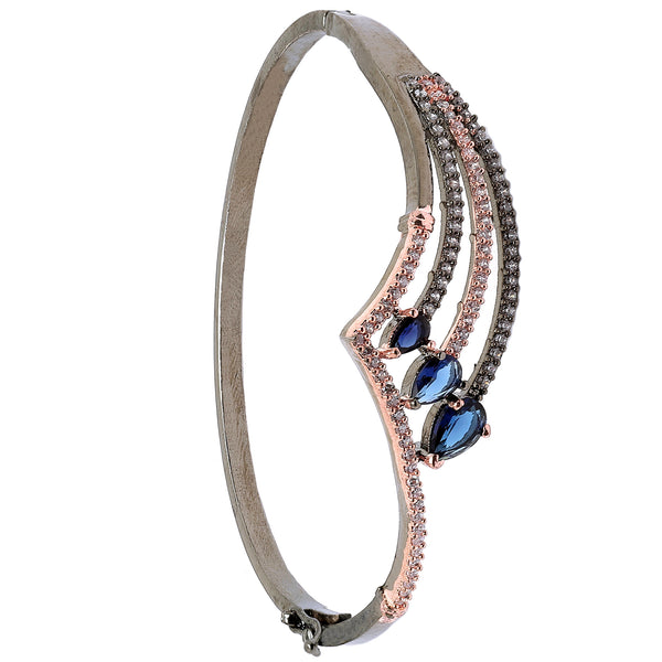 Rose Gold-Plated Black Toned Teardrop Shaped Royal Blue American Diamond Studded Bracelet