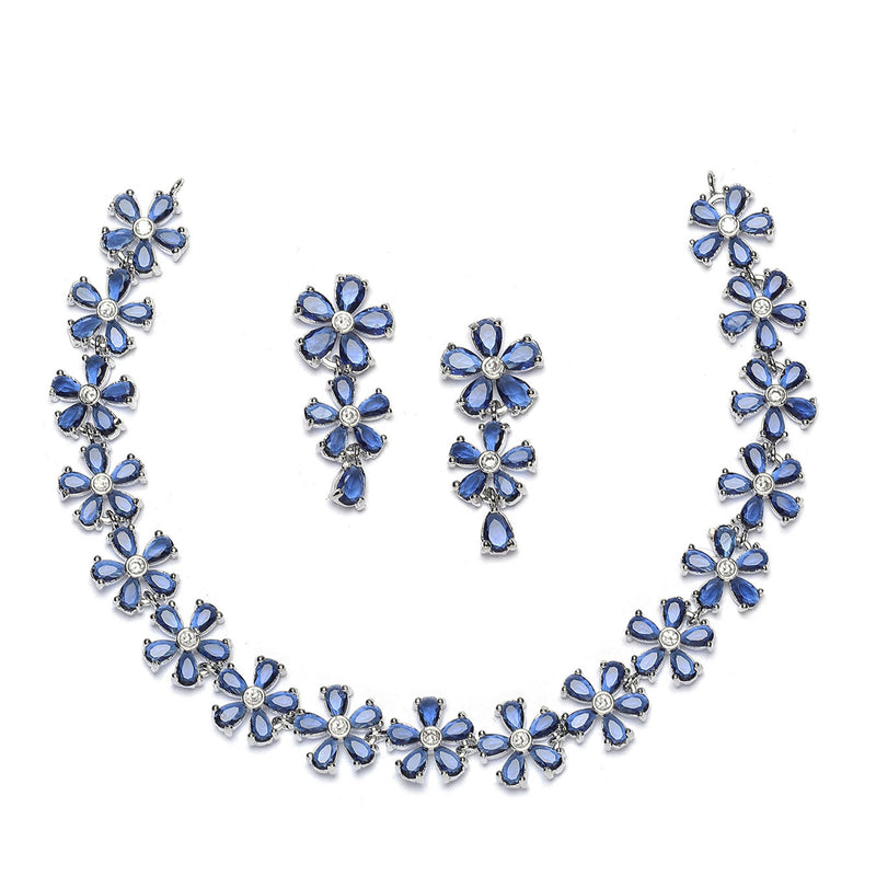 Rhodium-Plated Navy Blue American Diamonds Studded Floral Necklace & Earrings Jewellery Set