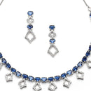 Rhodium-Plated Silver Toned Rectangle Navy Blue American Diamond Studded Necklace Earrings Jewellery Set