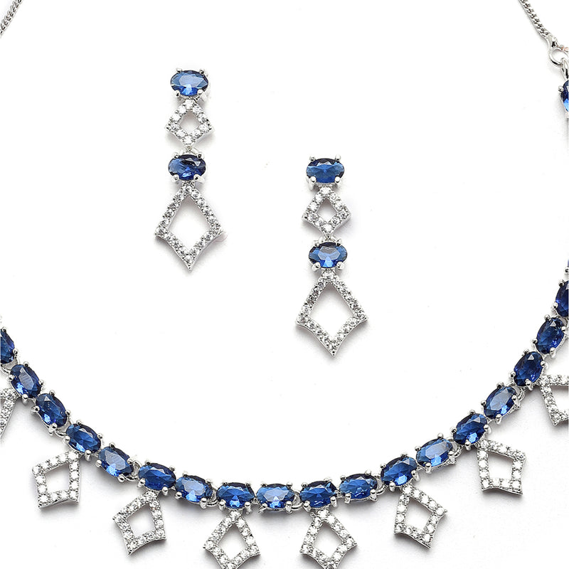 Rhodium-Plated Silver Toned Rectangle Navy Blue American Diamond Studded Necklace Earrings Jewellery Set