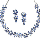 Rhodium-Plated Navy Blue American Diamonds Studded Floral Necklace & Earrings Jewellery Set