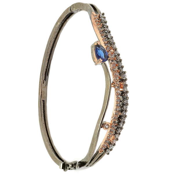 Rhodium Plated Silver Toned  Royal Blue Teardrop Shaped American Diamond Stone Studded Kada Bracelet