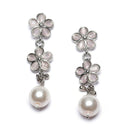 Rhodium-Plated Pink American Diamond & White Pearl Studded Floral Necklace & Earrings Jewellery Set
