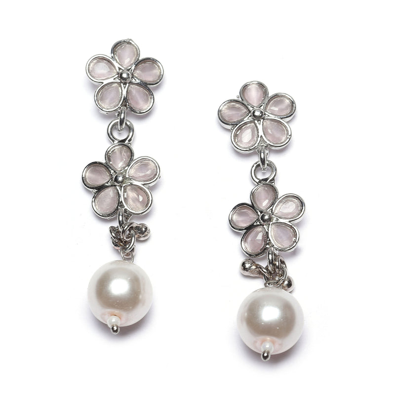Rhodium-Plated Pink American Diamond & White Pearl Studded Floral Necklace & Earrings Jewellery Set