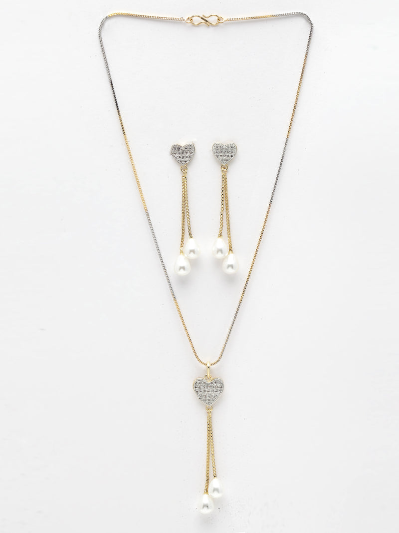 Heart Shaped Gold-Plated White American Diamond-Studded pendant with Chain & Earring