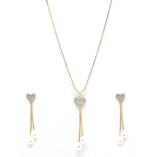 Gold-plated  Pearl Drop Heart White Cubic Zirconia Studded Pendant Set