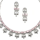 Rhodium-Plated Silver Toned Rectangle Pink American Diamond Studded Necklace Earrings Jewellery Set