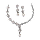 Rhodium-Plated Pink American Diamond & White Pearl Studded Floral Necklace & Earrings Jewellery Set