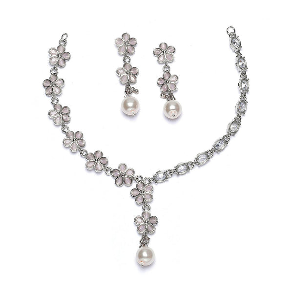 Rhodium-Plated Pink American Diamond & White Pearl Studded Floral Necklace & Earrings Jewellery Set