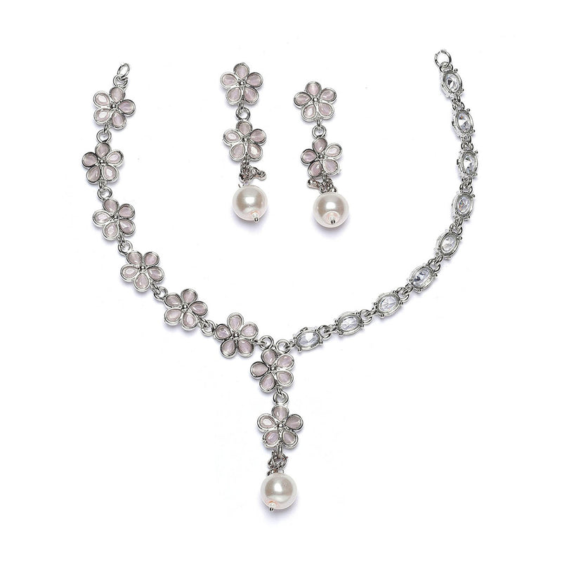 Rhodium-Plated Pink American Diamond & White Pearl Studded Floral Necklace & Earrings Jewellery Set