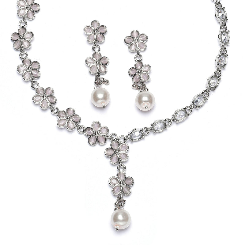 Rhodium-Plated Pink American Diamond & White Pearl Studded Floral Necklace & Earrings Jewellery Set