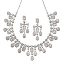 Rhodium-Plated Silver Toned Square Pink American Diamond Studded Necklace with Earring Jewellery Set
