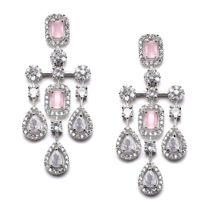 Rhodium-Plated Silver Toned Square Pink American Diamond Studded Necklace with Earring Jewellery Set