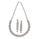 Rhodium-Plated Pink Cubic Zirconia Studded Leafy Shaped Necklace with Earrings Jewellery Set