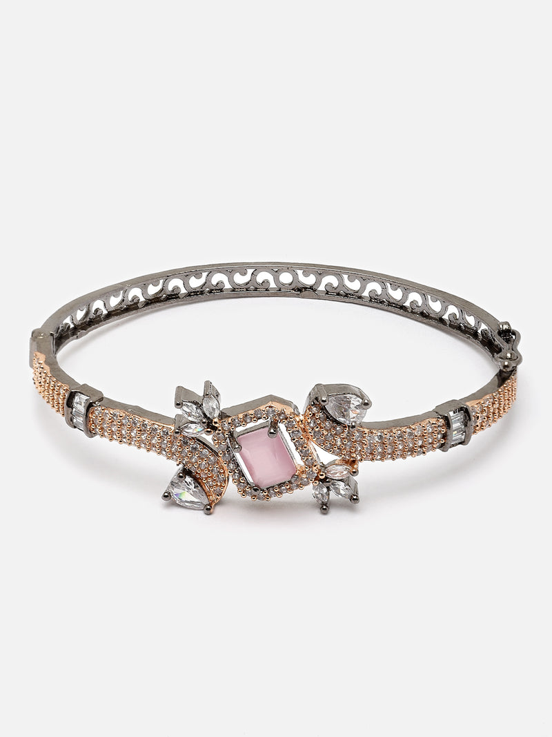 Rose Gold-Plated Gunmetal Toned Pink American Diamond Studded Kada Bracelet