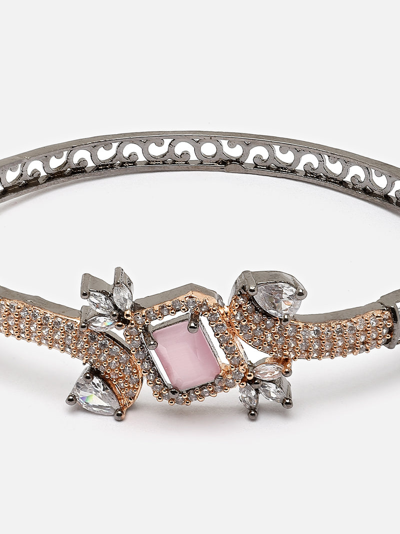 Rose Gold-Plated Gunmetal Toned Pink American Diamond Studded Kada Bracelet