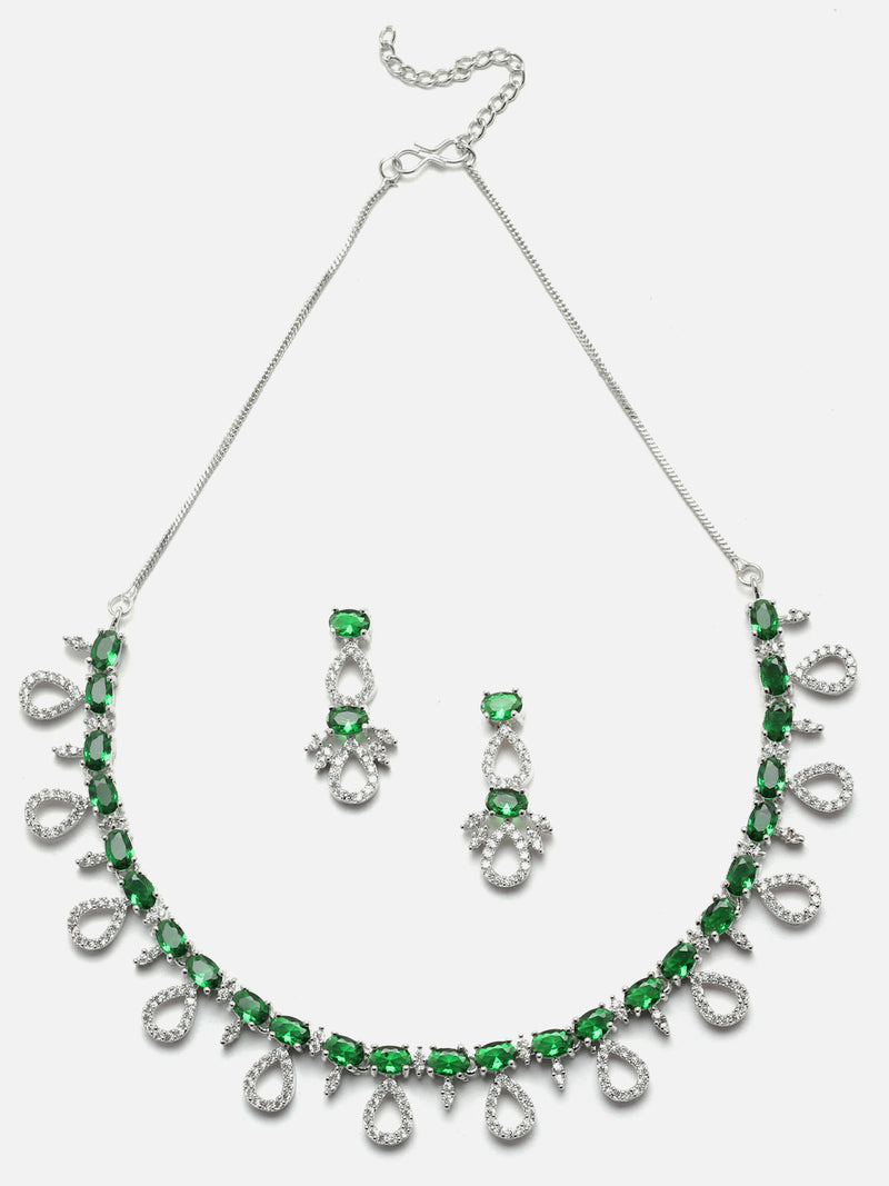 Rhodium-Plated Silver Toned Green American Diamond Studded Necklace with Earrings Jewellery set