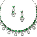 Rhodium-Plated Silver Toned Green American Diamond Studded Necklace with Earrings Jewellery set